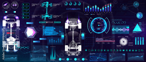 Car auto service in HUD style. Modern UI, GUI, diagnostics of cars( infographic, auto scanning, analysis and diagnostics). Futuristic scanning automobile, repair, dashboard, infographics, GPS. Vector