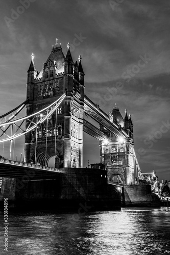 Tower Bridge at night in London, UK  in black and white