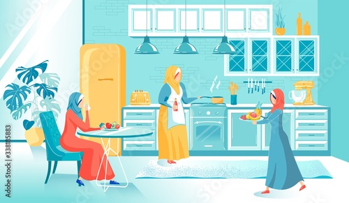 Arabian Woman Cooking Together at Home Kitchen
