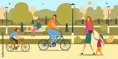 People with children Walking Cycling in City Park