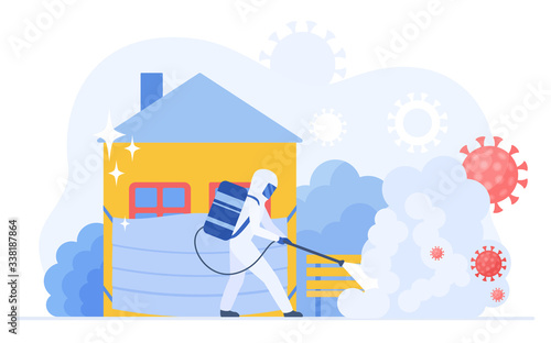 Man medical scientist in full hazmat suit disinfecting city street due to coronavirus pandemic flat vector illustration. Corona virus cleaning and disinfection service. Epidemic covid-19 concept