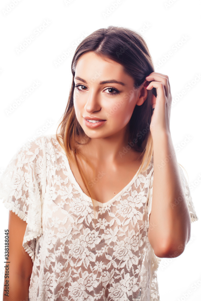 young pretty blonde hair woman happy smiling isolated on white background, lifestyle people concept young pretty blonde hair woman happy smiling isolated on white background, lifestyle people concept