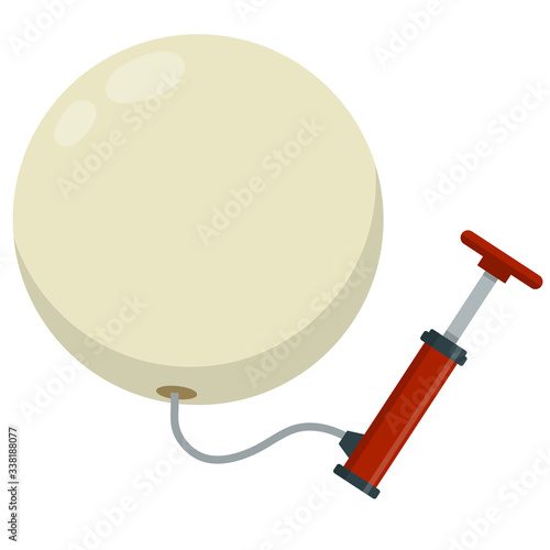 Red pump inflates large balloon. Concept of bubble. Template for promotions and discounts. Mechanical tools for pumping air. Cartoon flat illustration