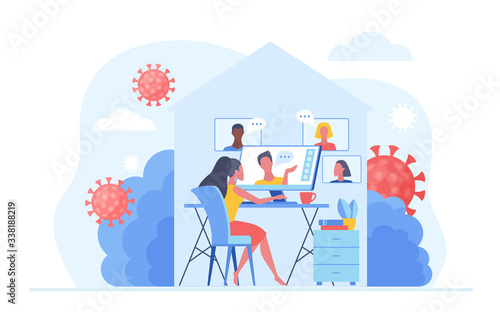 Work at home during COVID-19 quarantine virus to prevent a viral infection. People working online, video meeting conference and chat at home. Social-distance concept vector illustration