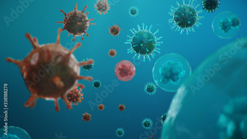 Outbreak of coronavirus, flu virus and COVID-19. Concept of a pandemic, epidemic for human cells. COVID-19 under the microscope, pathogen affecting the respiratory system, 3d illustration