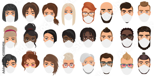 People avatars in masks cartoon flat vector illustration set isolated. Multi nationalities group men, women wearing medical masks to prevent disease, flu, coronavirus covid-19, air pollution, virus