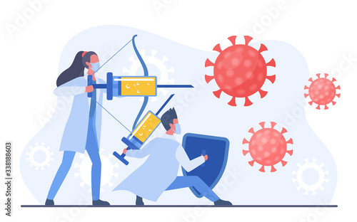 Man and woman doctors fighting with coronavirus using vaccine injection bow prick. Virologists in uniform protecting people from covid-19 corona virus concept. Research process vector illustration.