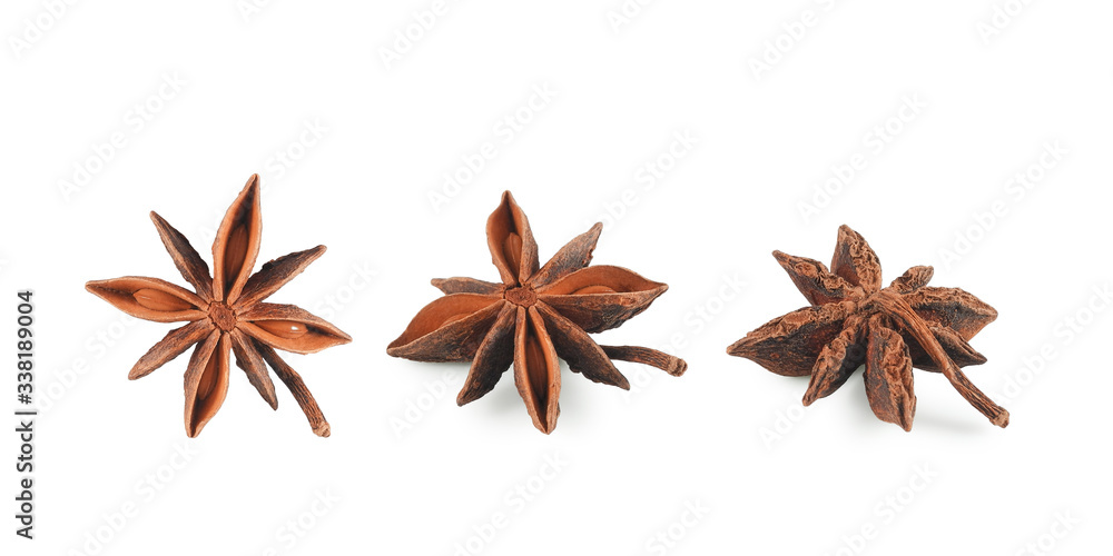 Set of dried star anise with seeds inside closeup isolated on white background. Spice for cooking and medicinal herb. Set of dried star anise with seeds inside closeup isolated on white background. Spice for cooking and medicinal herb.