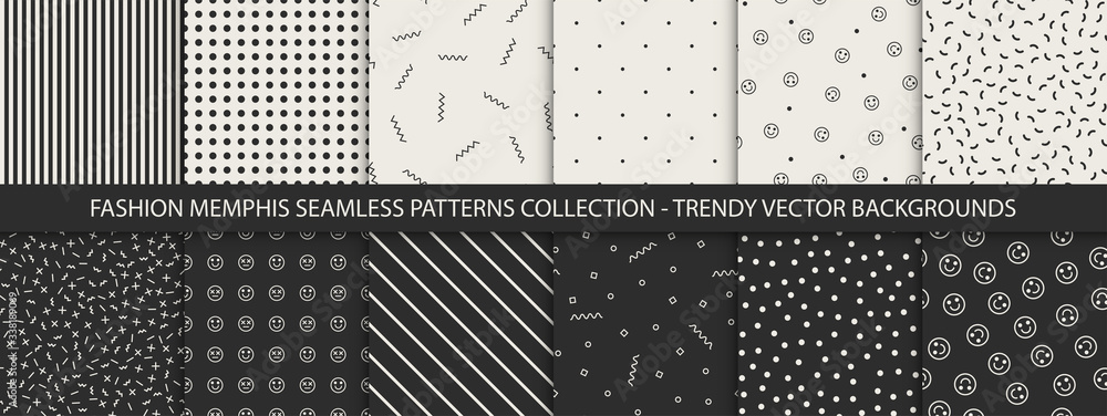 Collection of retro memphis patterns - seamless. Fashion 80-90s. Black and white mosaic textures.