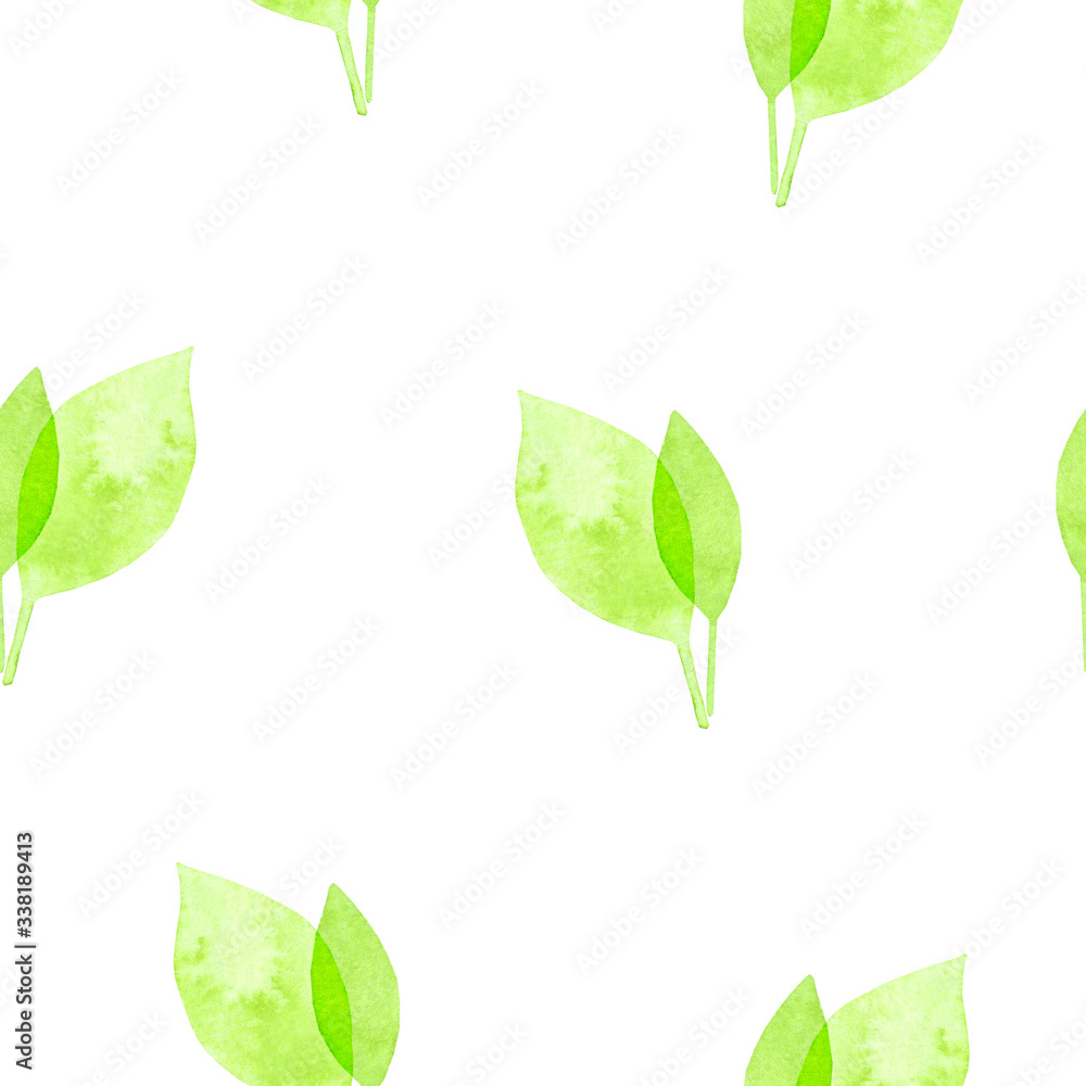 Hand drawn illustration isolated on white. Spring seamless pattern with green watercolor leaves. Template is perfect for interior design, social media background, fabric textile, wallpaper.