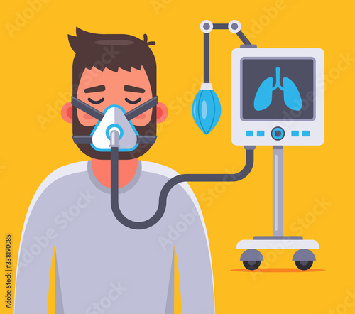 ventilation of the lungs with a sick coronavirus. Flat character vector illustration.