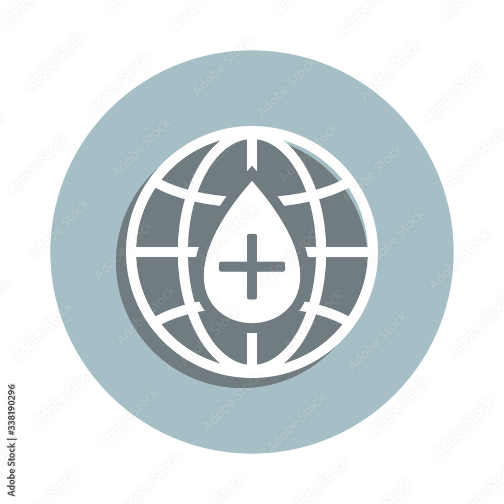 Globe badge icon. Simple glyph, flat vector of blood donation icons for ui and ux, website or mobile application Globe badge icon. Simple glyph, flat vector of blood donation icons for ui and ux, website or mobile application