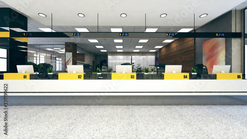 Customer stand large open space office 3D rendering