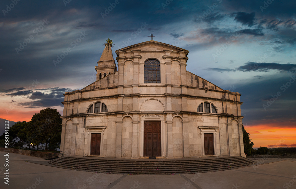 Sunset view on Cathedral of St.Euphemia in Rovinj, old town.