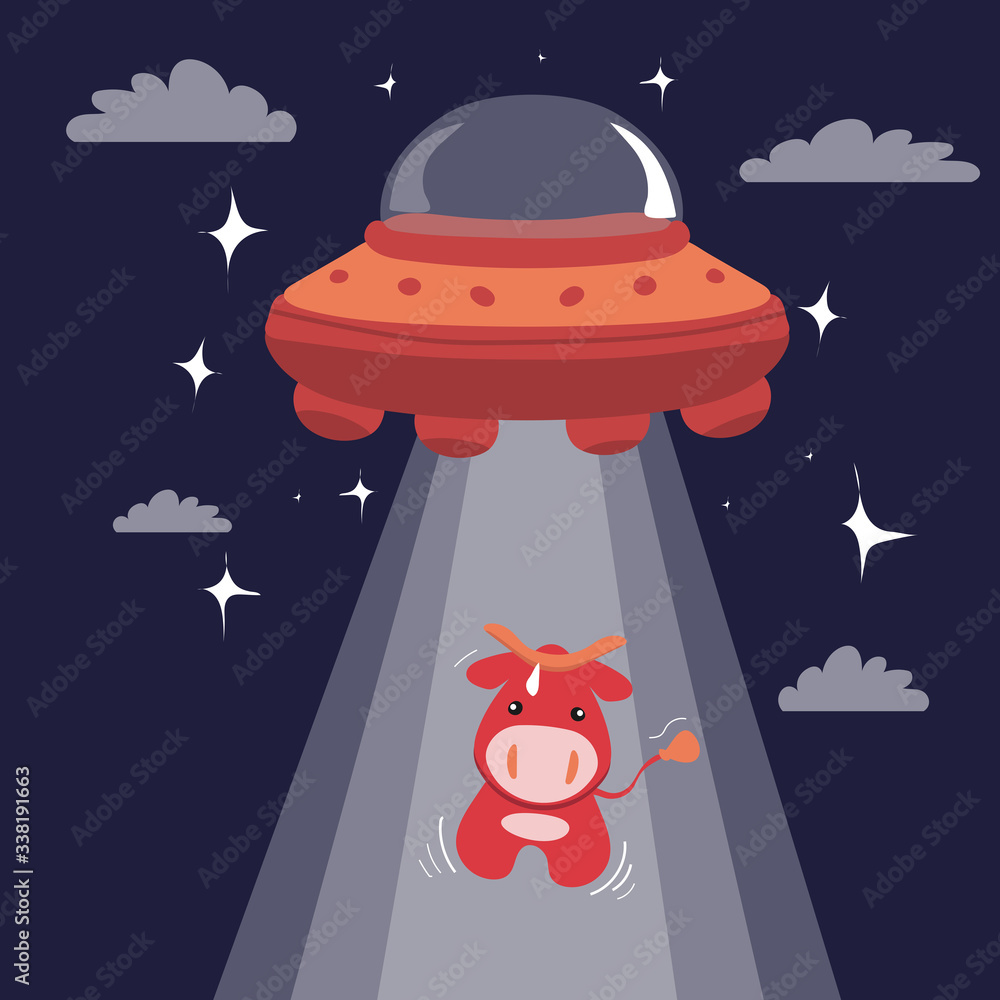 Vector funny cute cartoon illustration of UFO with cute abduction red cow  isolated on dark blue background. Design for t-shirt, greeting cards,  parties, posters, stickers, decor, cover and ets. Stock Vector |