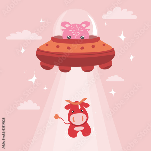 Vector funny cute cartoon illustration of UFO with aliens and cute abduction red cow isolated on light red background. Design for t-shirt, greeting cards, parties, posters, stickers, decor, cover and 