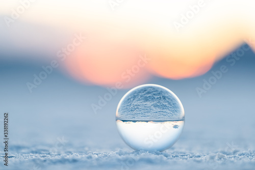 Bonneville Salt Flats low angle landscape view near Salt Lake City, Utah and sand texture with crystal ball reflection photo