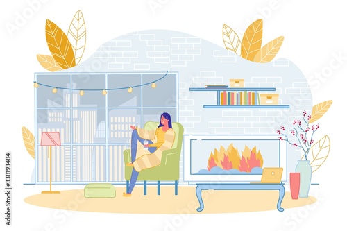 Girl with Coffee Cup Sitting by Fireplace at Home