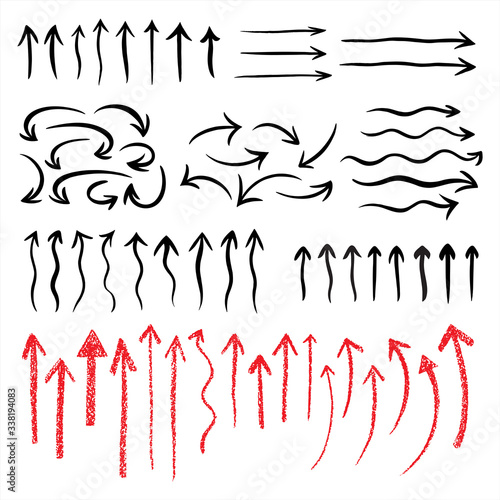 Hand drawn sketch vector arrows, pointers set. Brush, chalk, pastel textured arrow shapes. Curved, arched, wavy artistic uneven edges. Painted doodle style design elements collection.