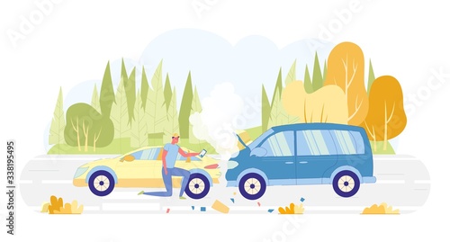 Guy who Owns Car Taking Colliding Cars Photo.