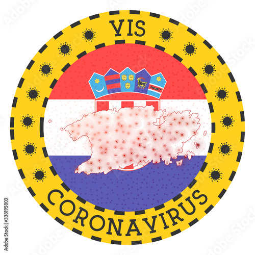 Coronavirus in Vis sign. Round badge with shape of Vis. Yellow island lockdown emblem with title and virus signs. Vector illustration.