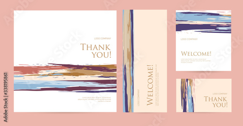 Design template of business cards with abstract natural texture for the hotel, beauty salon, spa, restaurant, club. A set of postcard with the words of gratitude. Vector illustration
