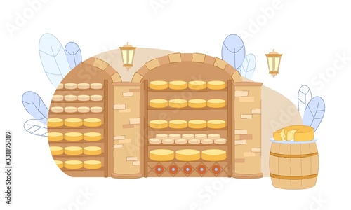 Cellar Room with Cheese Yellow Wheel Row on Shelf