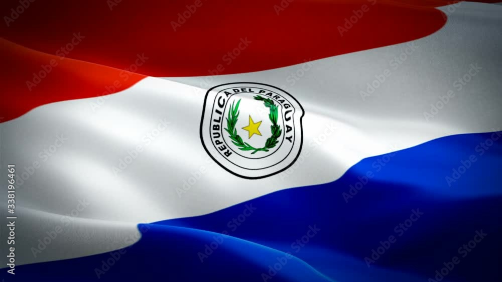 Paraguayan flag Closeup 1080p Full HD 1920X1080 footage video waving in wind. National Asuncion‎‎‎ 3d Paragu flag waving. Sign of Paraguay seamless loop animation. Paraguay flag HD resolution Backgrou