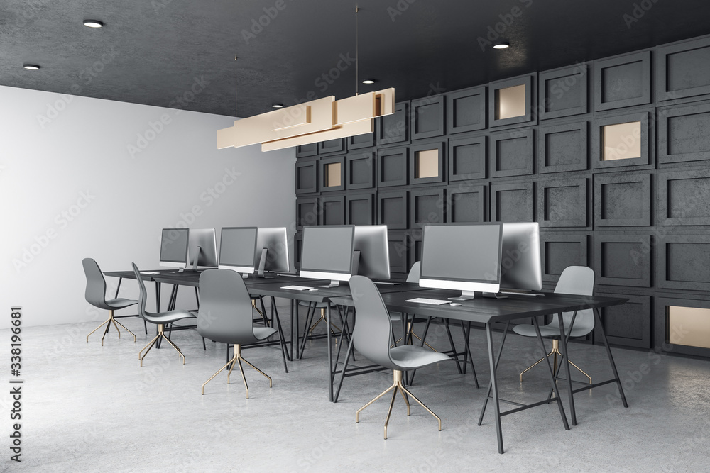 Contemporary coworking office interior with computers Contemporary coworking office interior with computers