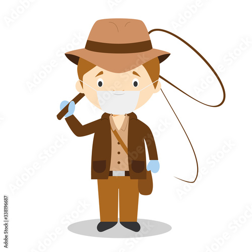 Cute cartoon vector illustration of an adventurer with surgical mask and latex gloves as protection against a health emergency