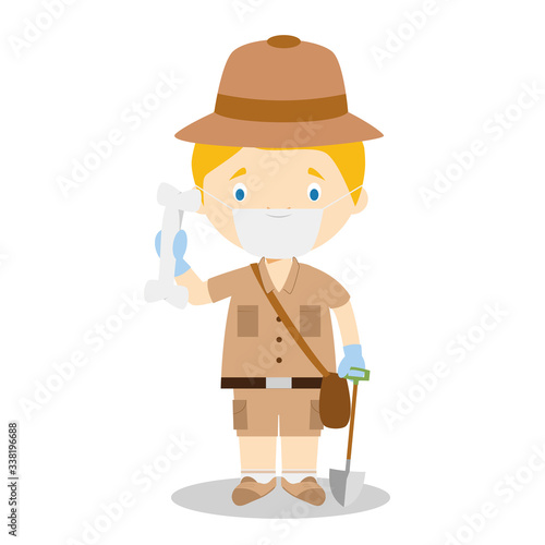 Cute cartoon vector illustration of an archaeologist with surgical mask and latex gloves as protection against a health emergency