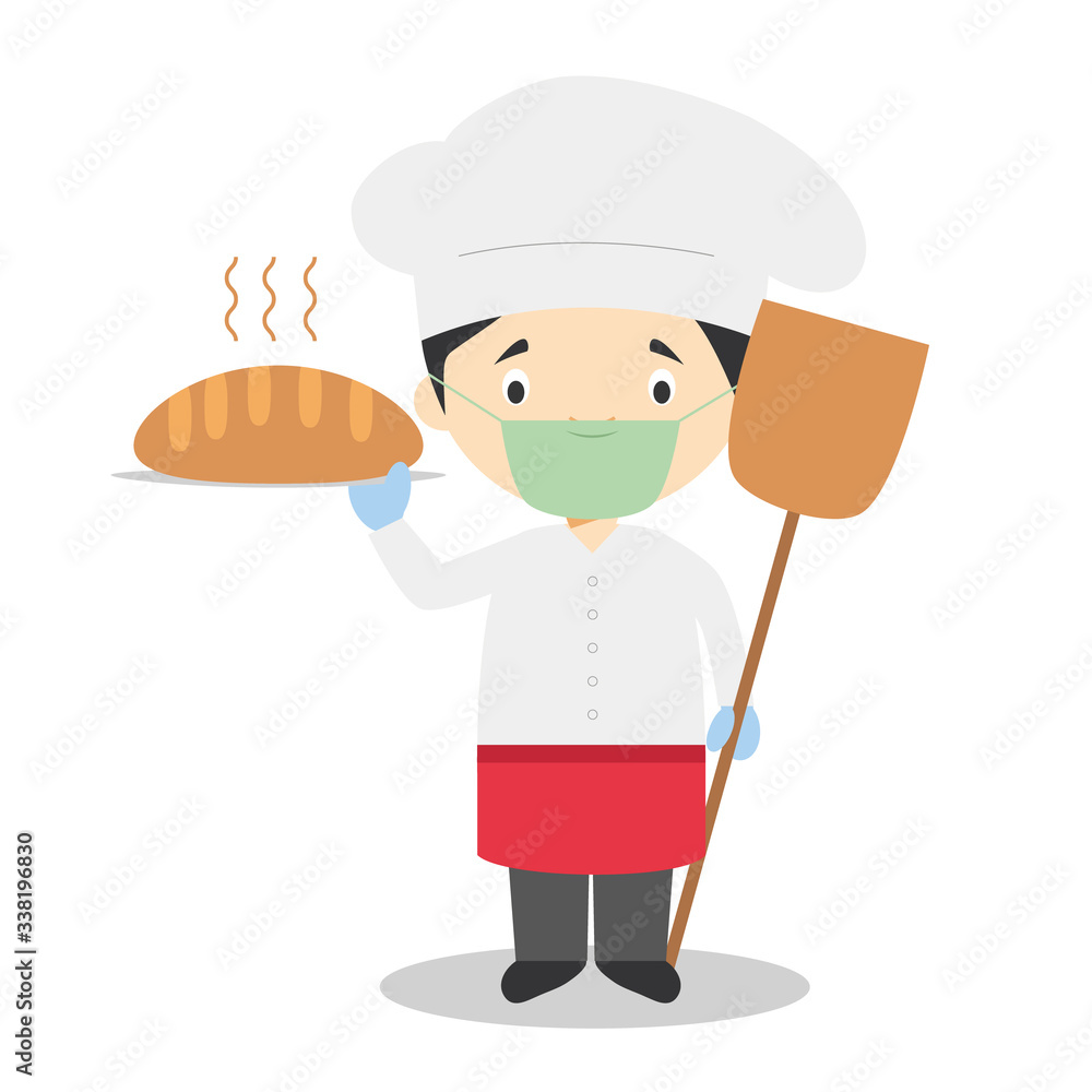 Cute cartoon vector illustration of a baker with surgical mask and latex gloves as protection against a health emergency Cute cartoon vector illustration of a baker with surgical mask and latex gloves as protection against a health emergency