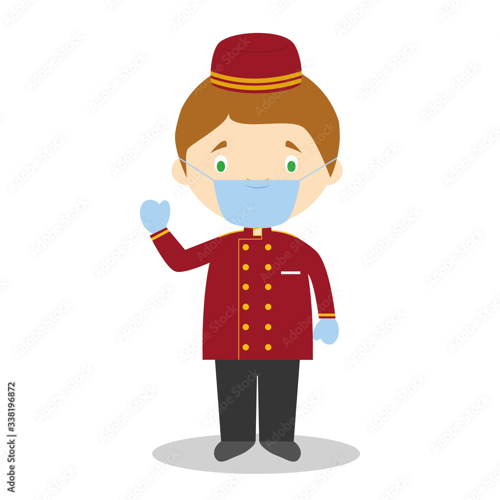 Cute cartoon vector illustration of a bellboy with surgical mask and latex gloves as protection against a health emergency Cute cartoon vector illustration of a bellboy with surgical mask and latex gloves as protection against a health emergency