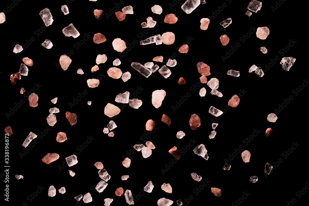 Macro photography of Himalaya salt isolated on black background Macro photography of Himalaya salt isolated on black background