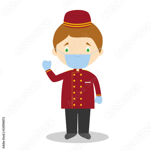 Cute cartoon vector illustration of a bellboy with surgical mask and latex gloves as protection against a health emergency