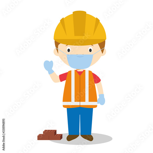 Cute cartoon vector illustration of a builder with surgical mask and latex gloves as protection against a health emergency