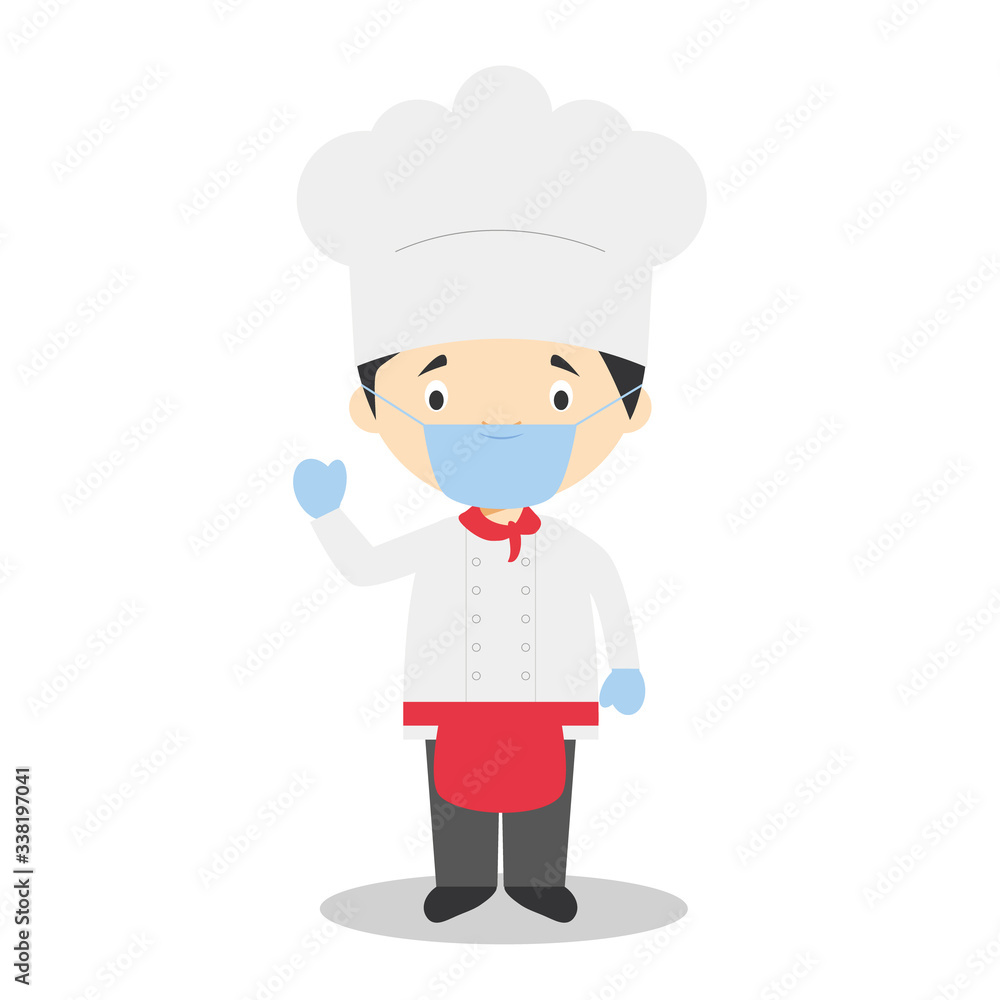 Cute cartoon vector illustration of a chef with surgical mask and latex gloves as protection against a health emergency Cute cartoon vector illustration of a chef with surgical mask and latex gloves as protection against a health emergency