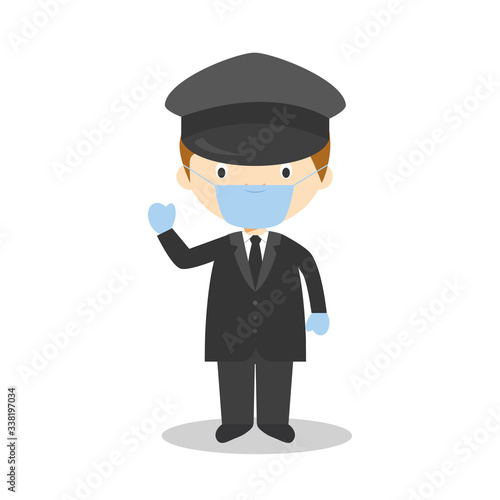 Cute cartoon vector illustration of a chauffeur with surgical mask and latex gloves as protection against a health emergency