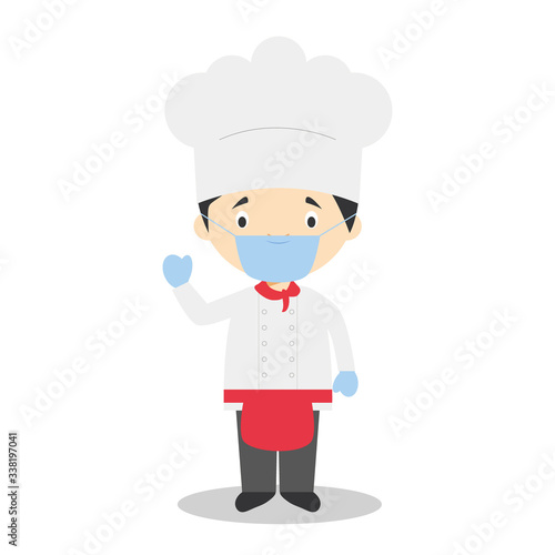Cute cartoon vector illustration of a chef with surgical mask and latex gloves as protection against a health emergency