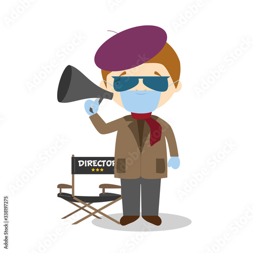 Cute cartoon vector illustration of a filmmaker with surgical mask and latex gloves as protection against a health emergency