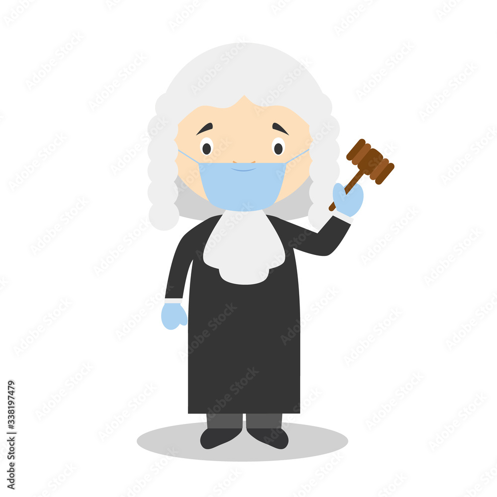 Cute cartoon vector illustration of a judge with surgical mask and latex gloves as protection against a health emergency Cute cartoon vector illustration of a judge with surgical mask and latex gloves as protection against a health emergency