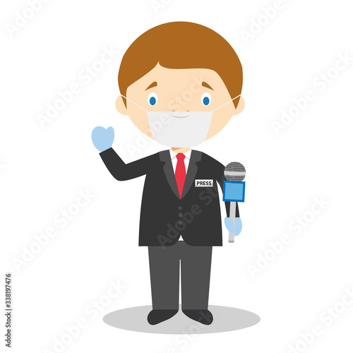 Cute cartoon vector illustration of a journalist with surgical mask and latex gloves as protection against a health emergency