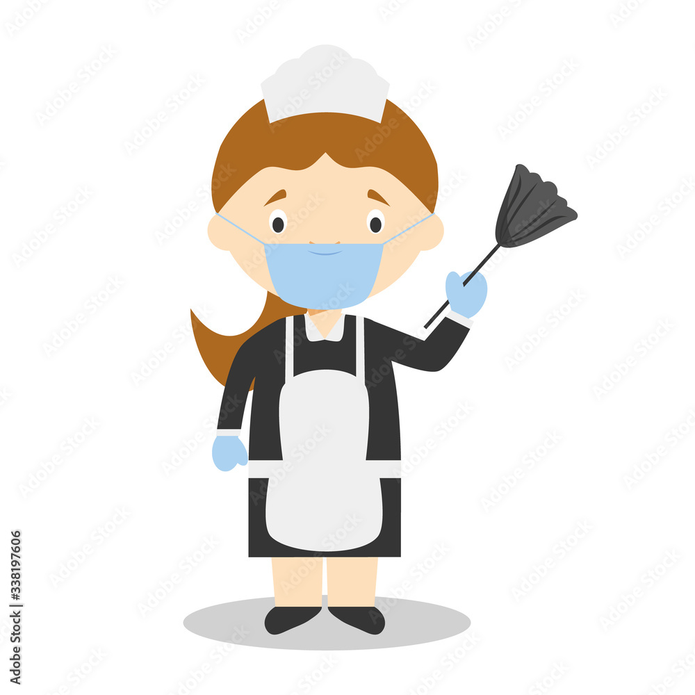 Cute cartoon vector illustration of a maid or cleaning girl with surgical mask and latex gloves as protection against a health emergency Cute cartoon vector illustration of a maid or cleaning girl with surgical mask and latex gloves as protection against a health emergency