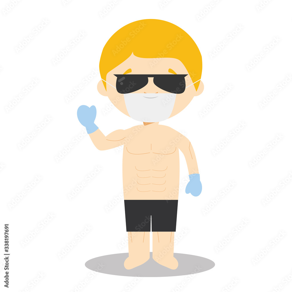 Cute cartoon vector illustration of a model with surgical mask and latex gloves as protection against a health emergency