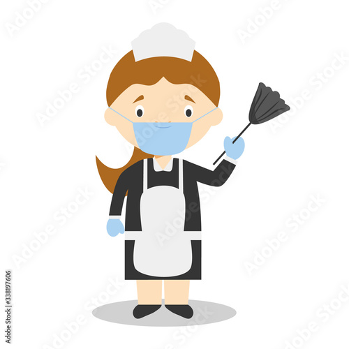 Cute cartoon vector illustration of a maid or cleaning girl with surgical mask and latex gloves as protection against a health emergency