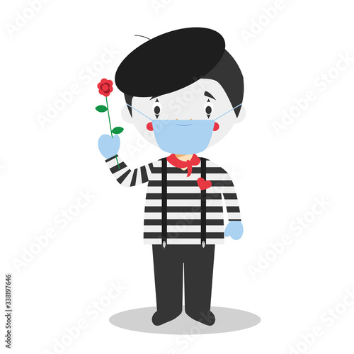 Cute cartoon vector illustration of a mime with surgical mask and latex gloves as protection against a health emergency