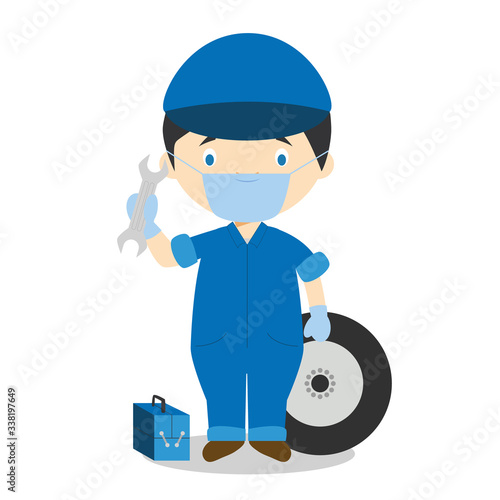 Cute cartoon vector illustration of a mechanic with surgical mask and latex gloves as protection against a health emergency