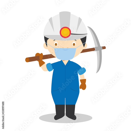 Cute cartoon vector illustration of a miner with surgical mask and latex gloves as protection against a health emergency