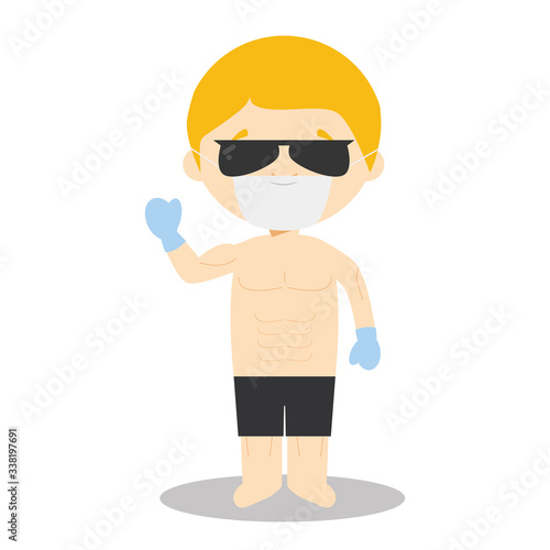 Cute cartoon vector illustration of a model with surgical mask and latex gloves as protection against a health emergency