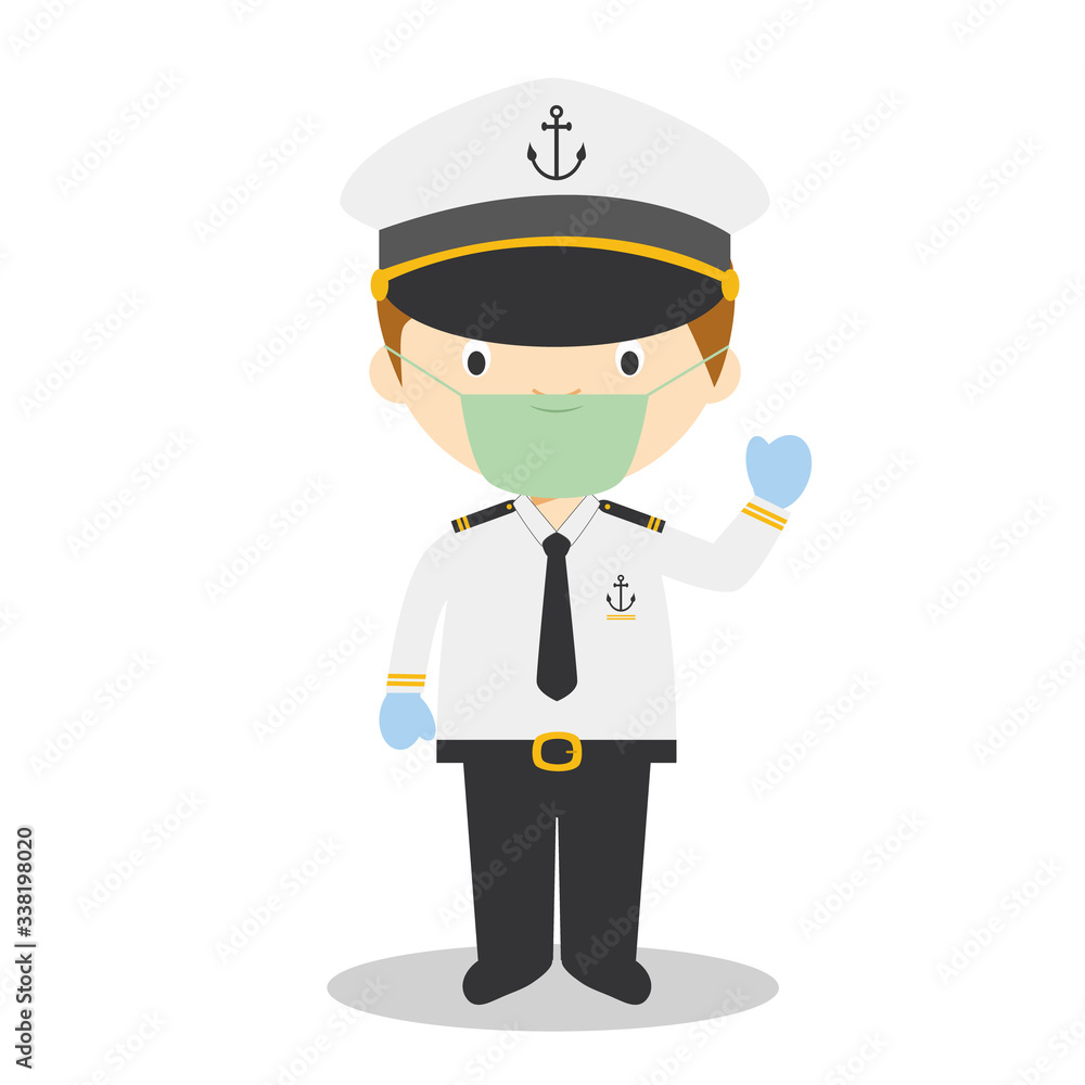 Cute cartoon vector illustration of a sailor with surgical mask and latex gloves as protection against a health emergency
